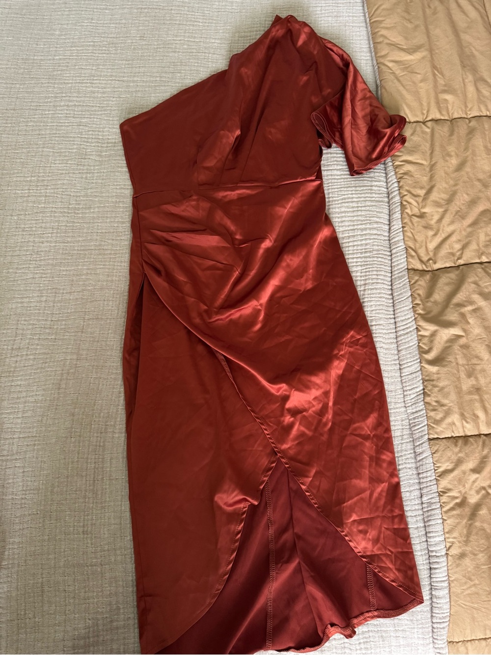 Amazon One-Shoulder Satin Midi Dress in Rust